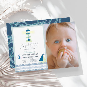 Ahoy Nautical Blue Boy Photo 1st Birthday Inbjudningar