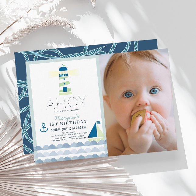 Ahoy Nautical Blue Boy Photo 1st Birthday Inbjudningar (Skapare uppladdad)