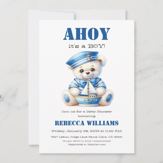 Ahoy Nautical Blue Sailor Bear Boy Shower Inbjudningar (Framsida)