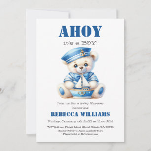 Ahoy Nautical Blue Sailor Bear Boy Shower Inbjudningar