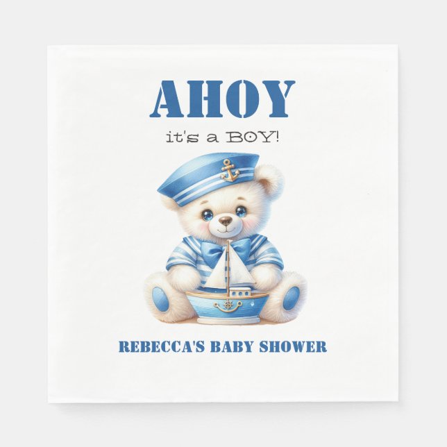 Ahoy Nautical Blue Sailor Bear Boy Shower Pappersservett (Framsidan)