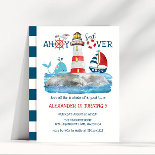 Ahoy Nautical Lighthouse Sailboat Whale Birthday Inbjudningar