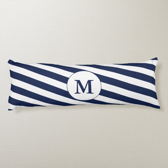 Ahoy! Nautical Monogram Navy Blue & White Rand Kroppskudde (Baksidan)