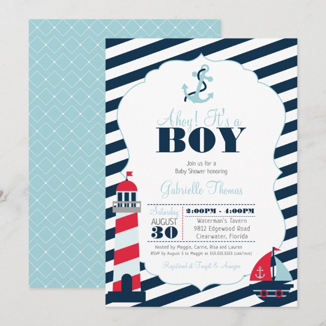 Ahoy Nautical Navy Blue Rand Boy Shower Inbjudningar (Fram/baksida)