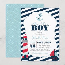 Ahoy Nautical Navy Blue Rand Boy Shower Inbjudningar