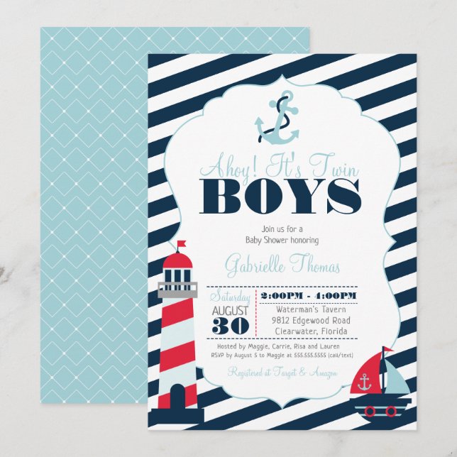 Ahoy Nautical Navy Blue Twin Boy Shower Inbjudningar (Fram/baksida)