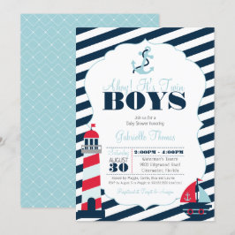 Ahoy Nautical Navy Blue Twin Boy Shower Inbjudningar
