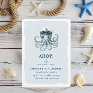 Ahoy Nautical Octopus Birthday Ocean Sailor Inbjudningar