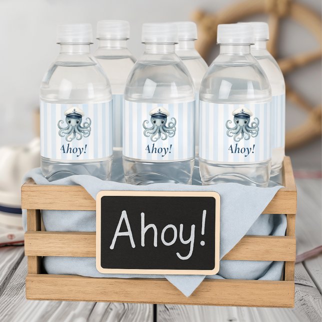 Ahoy Nautical Octopus | Ocean Birthday Vattenflaskor Etikett (Skapare uppladdad)