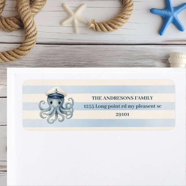 Ahoy Nautical Octopus | | Pastel Blue Rand Returadress Etikett (Skapare uppladdad)