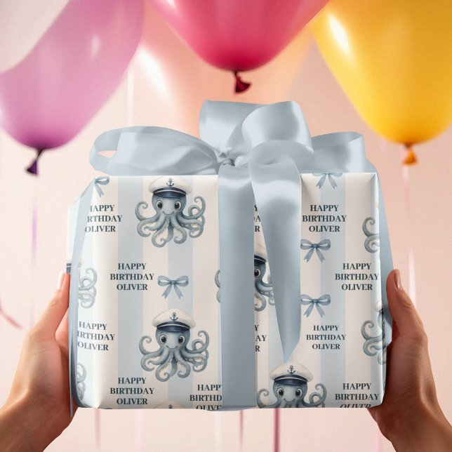 Ahoy Nautical Octopus Personlig Birthday Presentpapper (Skapare uppladdad)