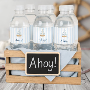Ahoy Nautical Pastel Blue Sailboat Birthday Vattenflaskor Etikett