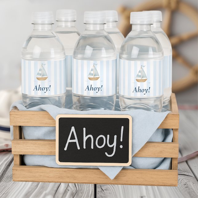 Ahoy Nautical | Pastel Blue Sailboat Birthday Vattenflaskor Etikett (Skapare uppladdad)