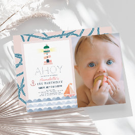 Ahoy Nautical Rosa Girl Photo 1st Birthday Inbjudningar