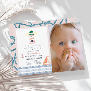 Ahoy Nautical Rosa Girl Photo 1st Birthday Inbjudningar