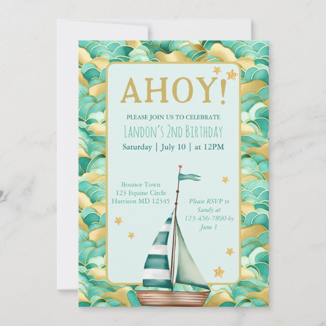 Ahoy Nautical Turcos och Guld Boat Birthday Inbjudningar (Framsida)