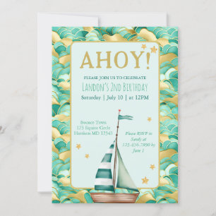 Ahoy Nautical Turcos och Guld Boat Birthday Inbjudningar