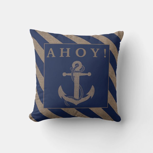 Ahoy! Nautisk anchor Navy Blue & Burlap Rand Kudde (Framsida)