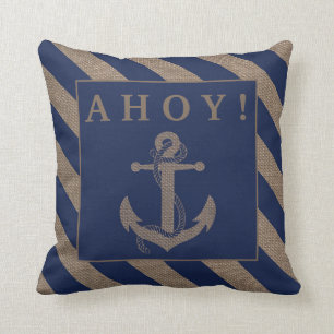 Ahoy! Nautisk anchor Navy Blue & Burlap Rand Kudde