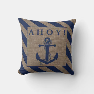 Ahoy! Nautisk anchor Navy Blue & Burlap Rand Kudde