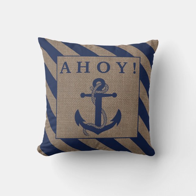 Ahoy! Nautisk anchor Navy Blue & Burlap Rand Kudde (Framsida)