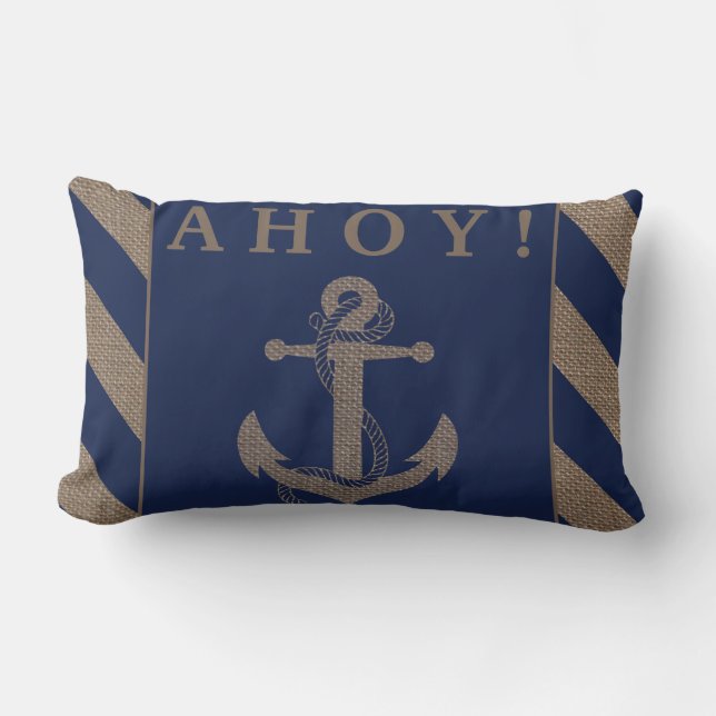 Ahoy! Nautisk anchor Navy Blue & Burlap Rand Lumbarkudde (Framsida)