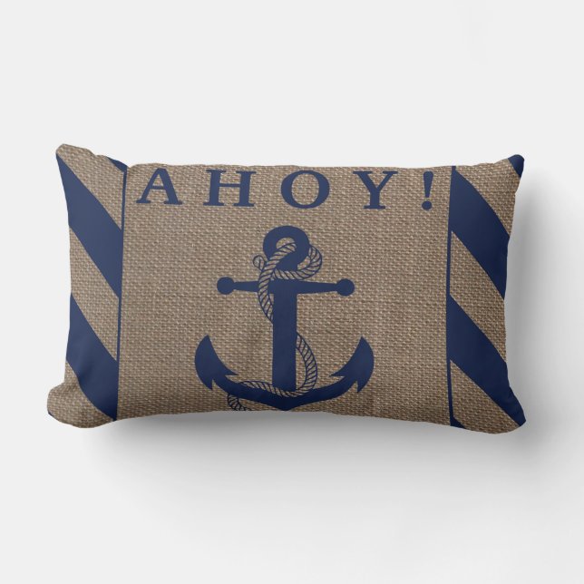Ahoy! Nautisk anchor Navy Blue & Burlap Rand Lumbarkudde (Framsida)