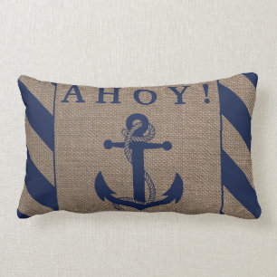 Ahoy! Nautisk anchor Navy Blue & Burlap Rand Lumbarkudde