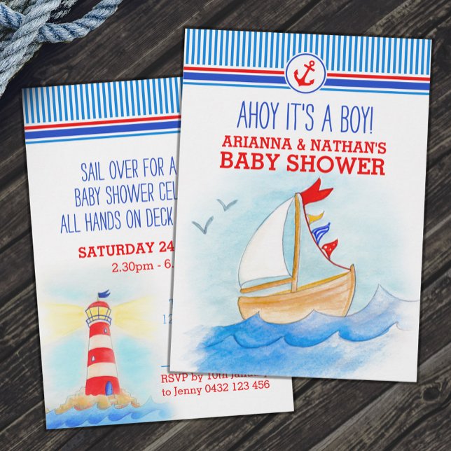 Ahoy-pojkar, babyduschbåt nautisk vattenfärg inbjudningar (Skapare uppladdad)