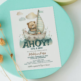 Ahoy Pojke Teddybjörn Sjöman Båt Sjö Baby Shower I Inbjudningar