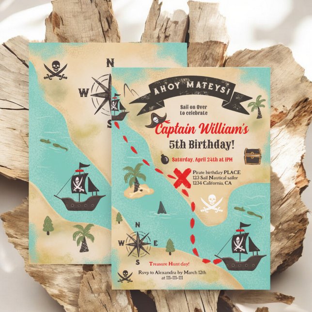 Ahoy Roligt Pirat skattar barn från Karta 5-årsdag Inbjudningar (Ahoy Fun Pirate treasure Map kids 5th birthday Invitation)