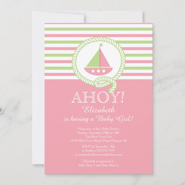 Ahoy Sailboat Nautical Girl Baby Shower-inbjudan Inbjudningar (Framsida)