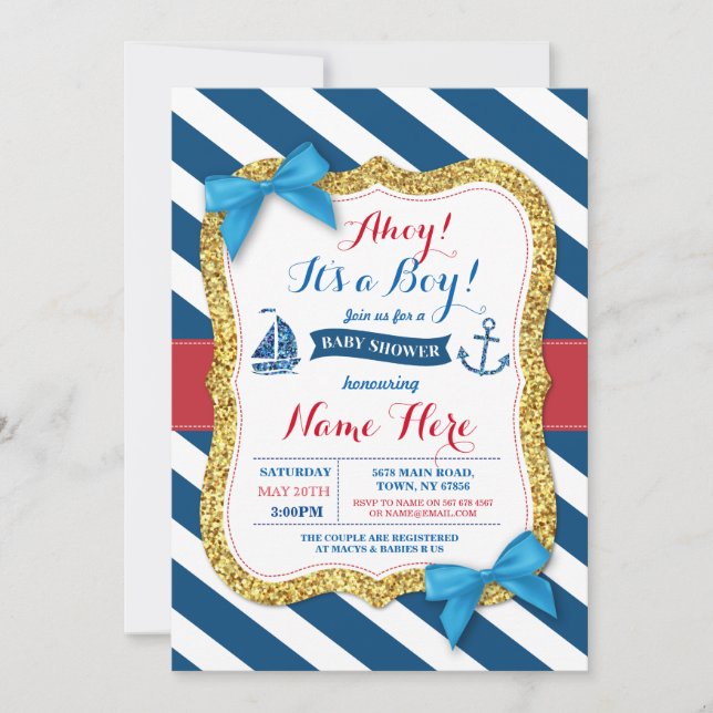 Ahoy Sailor Anchor Baby Shower Blue Boy Inbjudan (Framsida)