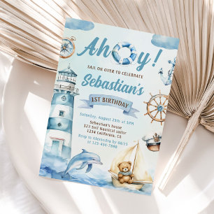 Ahoy Sailor Nautical Boat Blue 1 Birthday Inbjudningar
