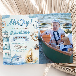 Ahoy Sailor Nautical Boat Blue 1 Birthday Photo Inbjudningar
