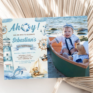 Ahoy Sailor Nautical Boat Blue 1 Birthday Photo Inbjudningar