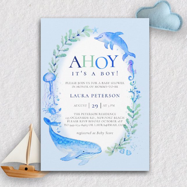 Ahoy Sea Animals Nautical Blue Boy Shower Inbjudningar (nautical baby boy shower invitation ahoy under the sea whale dolphin blue watercolor modern cute)