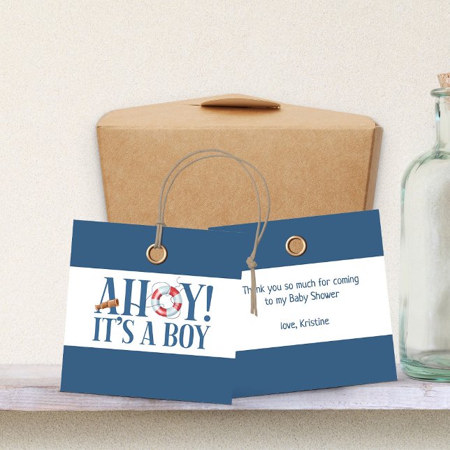 Ahoy sin Boy Blue Typography-Tack Gåvor Etiketter (Ahoy it's a Boy favor tags, gender reveal or baby shower - Happy Whales Baby Shower Collection)