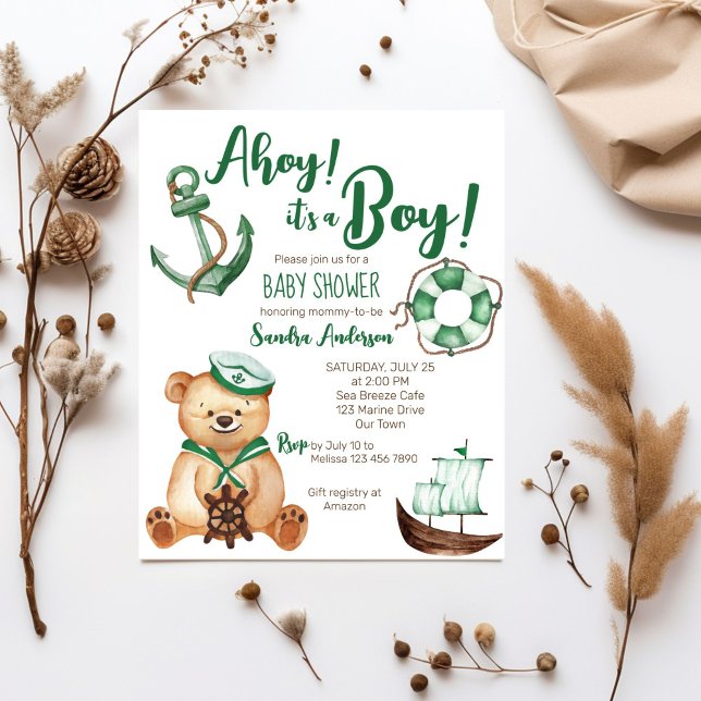 Ahoy sin nalle babydusch. (Ahoy it's a boy nautical teddy bear baby shower budget invitation green brown white cute teddy)