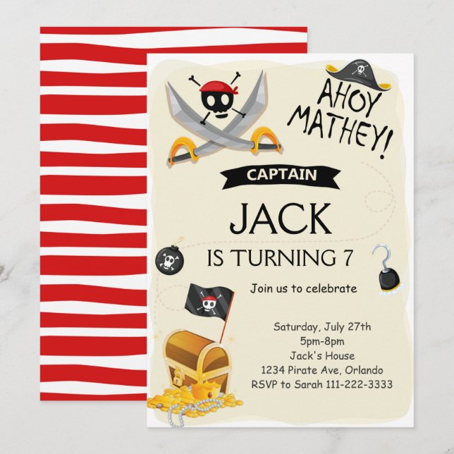 Ahoy Treasure Karta Pirat födelsedag Inbjudningar (Fram/baksida)