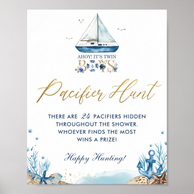 Ahoy Twin Boys Nautical Baby Shower Nappar Hunt Poster (Framsidan)