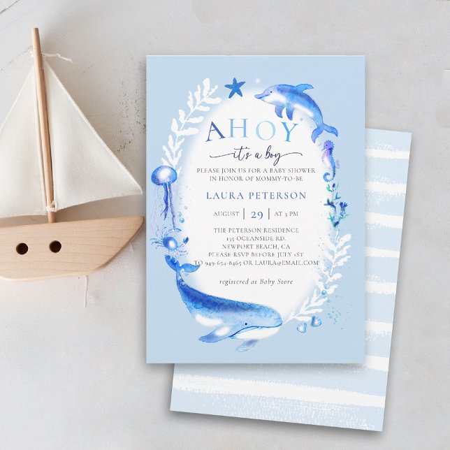 Ahoy under Sea Animals Nautical Boy Shower Inbjudningar (ocean baby boy shower invitation ahoy under the sea whale dolphin watercolor beach nautical summer)