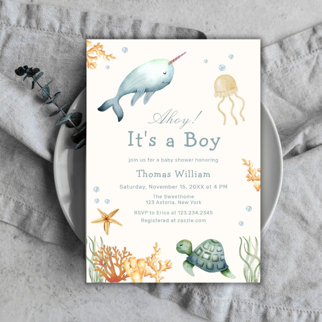 Ahoy under Sea Whale Boy Shower Inbjudningar (Ahoy Under The Sea Whale Boy Baby Shower Invitation)