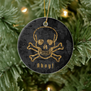 Ahoy! Vintage Skullben för Pirat Guld Julgransprydnad Keramik