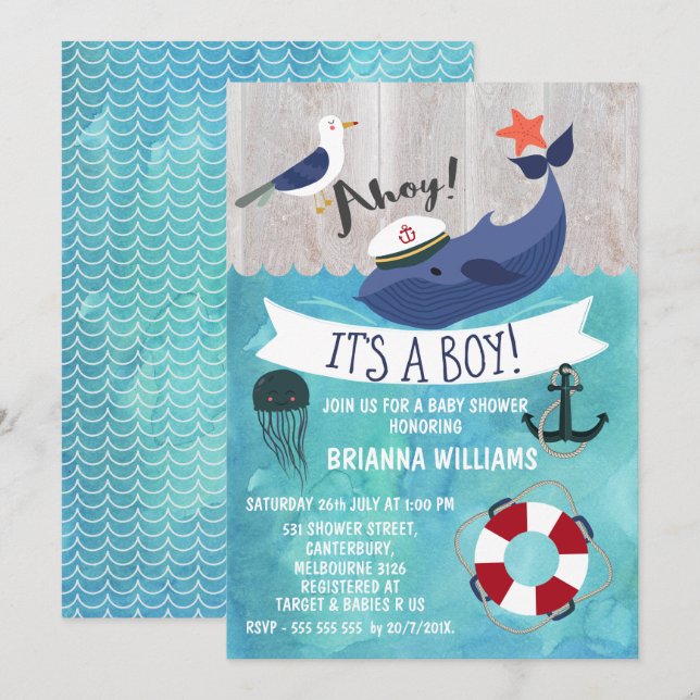 Ahoy Whale Baby Shower-inbjudan Inbjudningar (Fram/baksida)