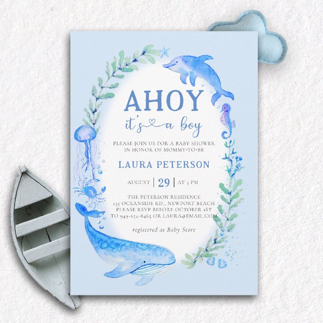 Ahoy Whale Dolphin Sea Nautical Boy Shower Inbjudningar (ocean baby boy shower invitation ahoy under the sea whale dolphin blue watercolor modern nautical)