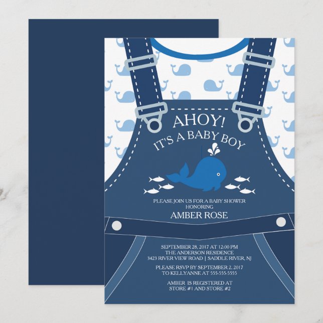 Ahoy Whale Nautical Baby Shower-inbjudan Inbjudningar (Fram/baksida)
