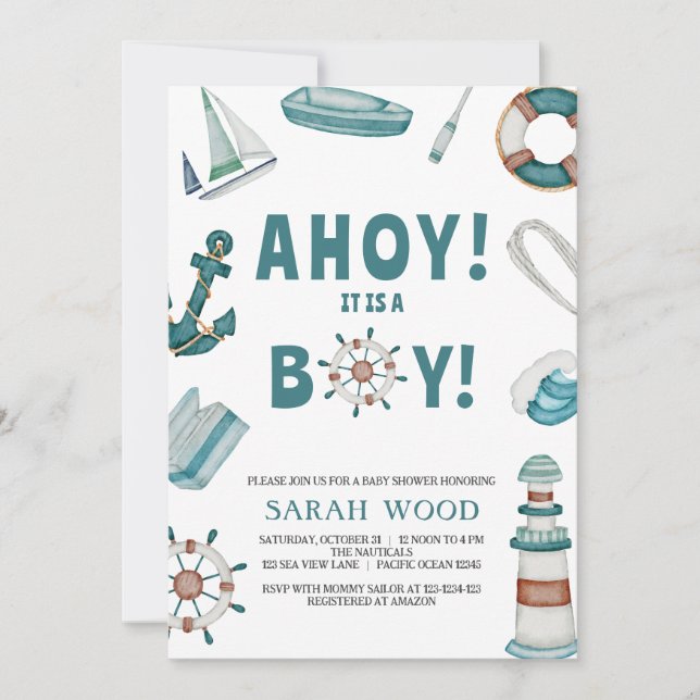 AHOY's a Boy, Nautical Baby Shower Inbjudningar (Framsida)