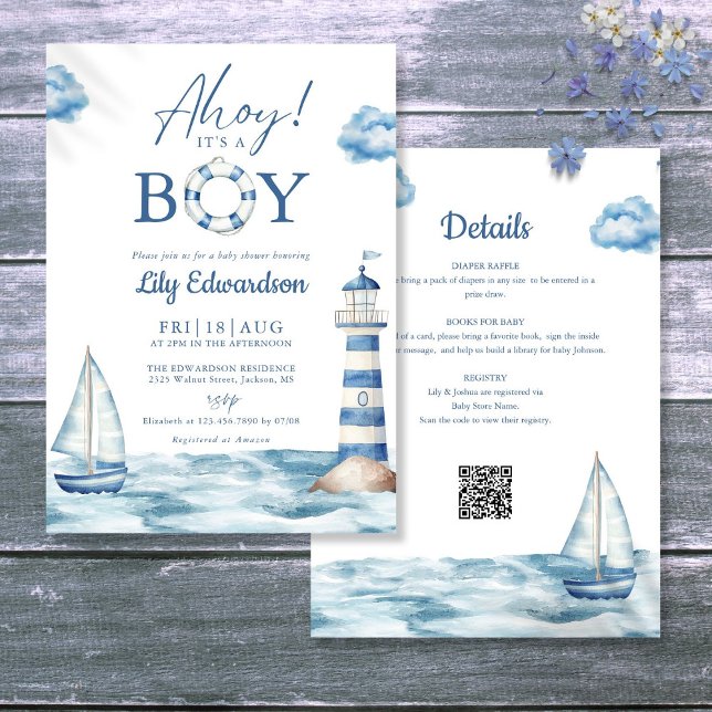 Ahoy's Boy Nautical Shower på en gång Inbjudningar (Ahoy Its A Boy Nautical Baby Shower All In One Invitation)