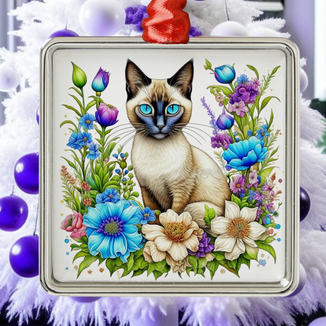 Ai Akvarell Siamesisk Katt i Blommor  Julgransprydnad Metall (Skapare uppladdad)